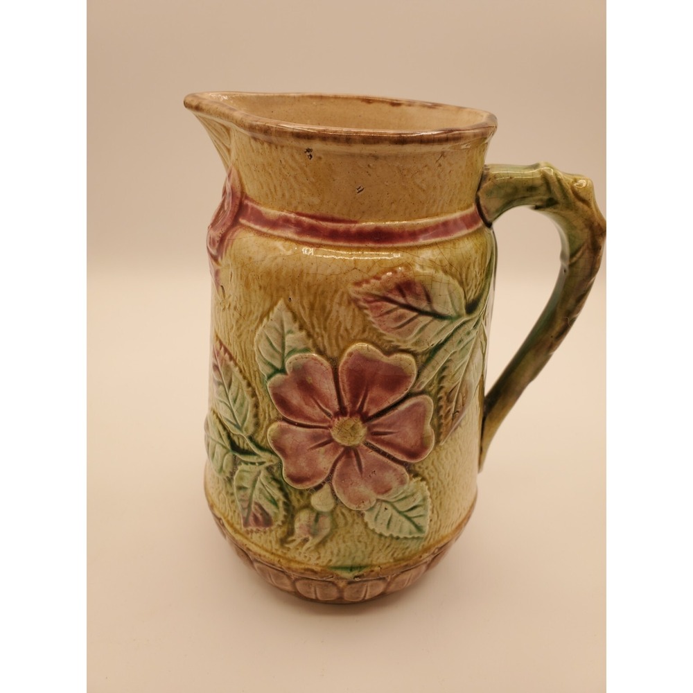 Antique Majolica Pitcher Serpent Handle Dogwood Pink Bow 7.5 inch